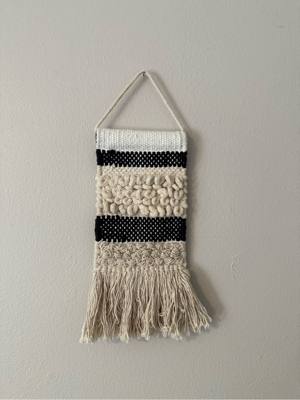 Handwoven Neutral and Black Wall Hanging - Boho Textile Decor Mini